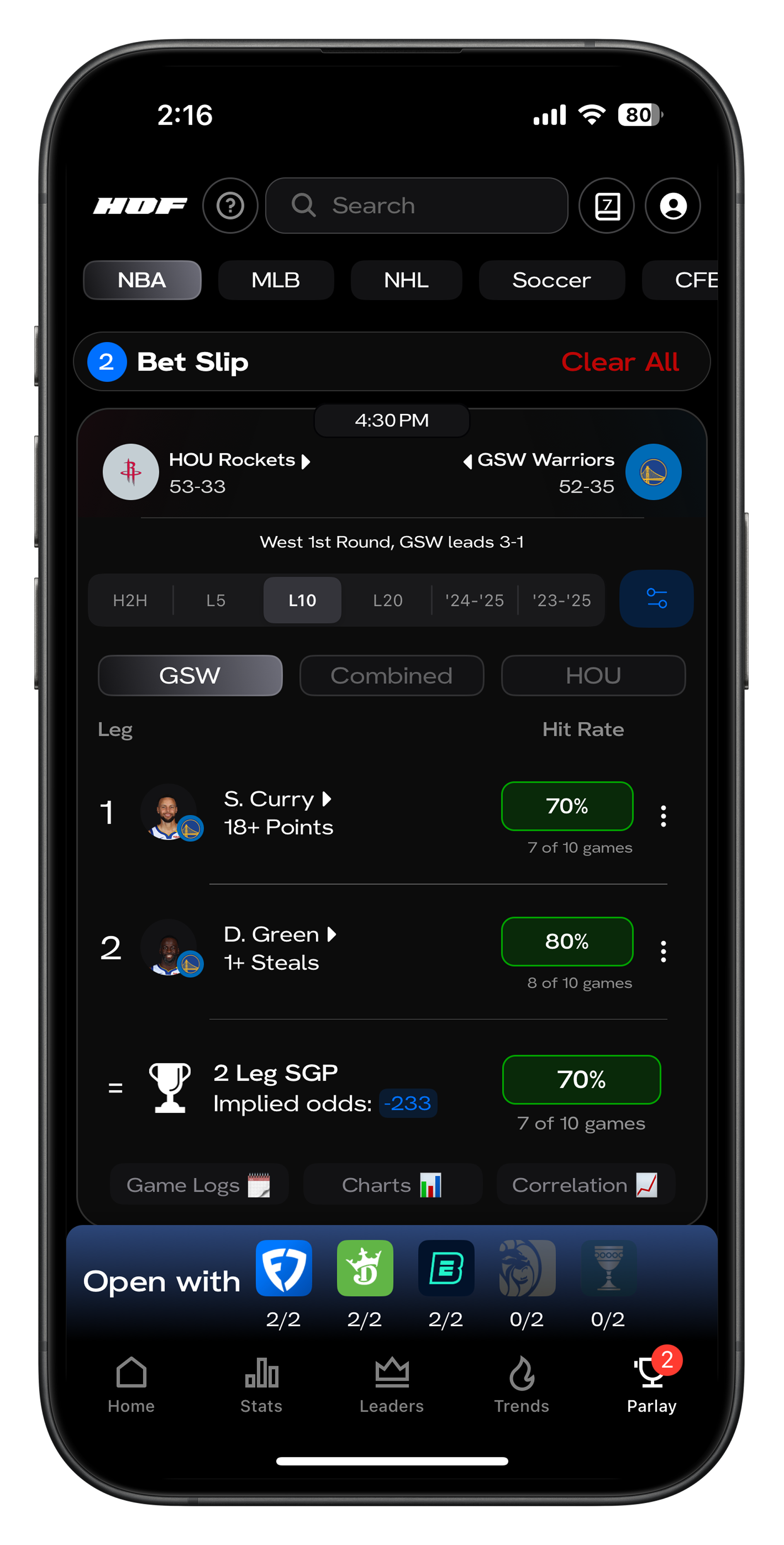 hofbets Parlay Optimizer tool mockup